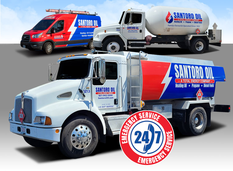 Santoro Oil's fleet of oil delivery trucks, propane delivery trucks and service vehicles