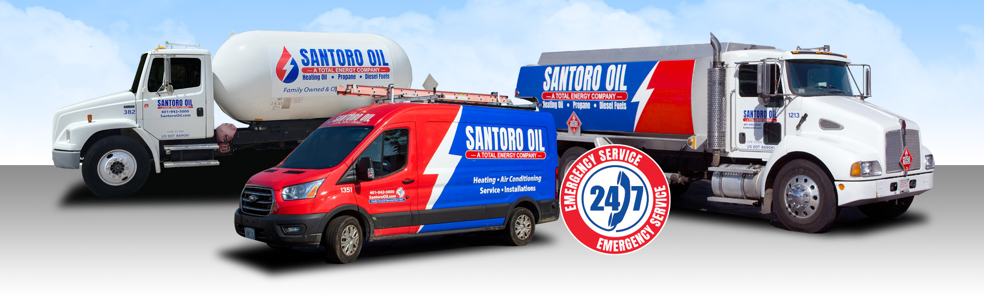Santoro Oil's fleet of oil delivery trucks, propane delivery trucks and service vehicles